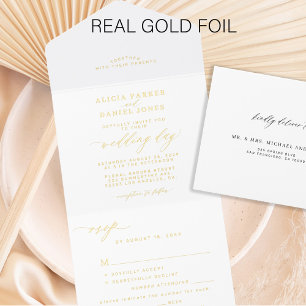 Elegante gouden witte bruiloft folie all in one uitnodiging