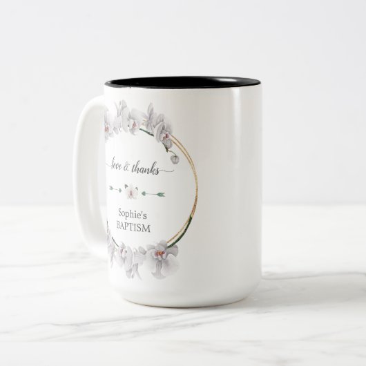 Elegante Gouden Witte Orchideeën Bloesem Doop Tweekleurige Koffiemok (Voorkant links)