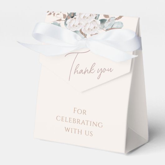 Elegante Gouden Witte Rozen & Groene Bruidsdouche Bedankdoosjes (Voorkant Zijde)