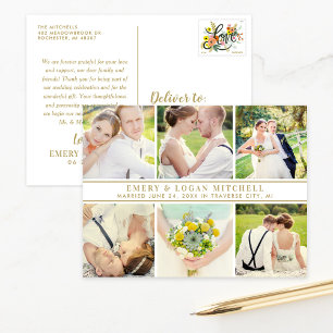 Elegante gouden zes-foto-collage Huwelijksbedankje Briefkaart