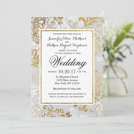 Elegante gouden zilveren en grijze bloemenbruiloft kaart (Staand voorkant)