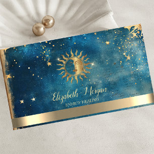 Elegante Gouden Zon Sterren Blauwe Aquarel Visitekaartje