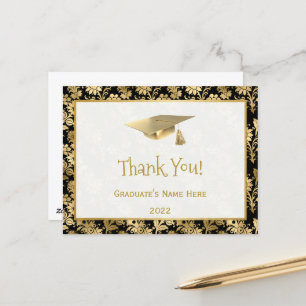 Elegante Gouden Zwarte Bloemige Bedankt Afstudeer Briefkaart