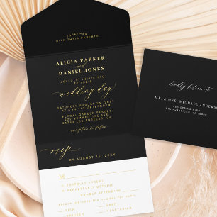 Elegante gouden zwarte bruiloft folie all in one uitnodiging
