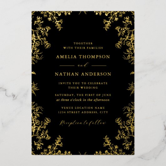 Elegante  gouden zwarte bruiloft folie uitnodiging (Voorkant)