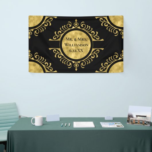 Elegante gouden zwarte bruiloft meneer en mevrouw. spandoek (Beurs)