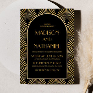 Elegante gouden zwarte geometrische art deco bruil kaart