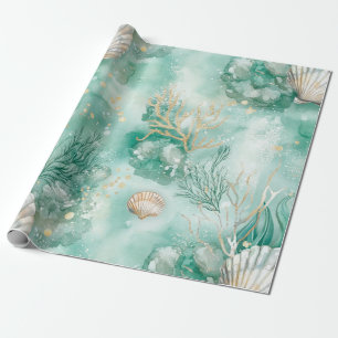 Elegante Goudkoraal- en Schelpwaterverfaquarel Cadeaupapier