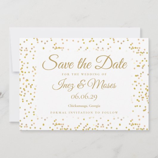 Elegante goudstof confetti chic script bruiloft save the date (Voorkant)