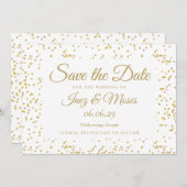 Elegante goudstof confetti chic script bruiloft save the date (Voorkant / Achterkant)