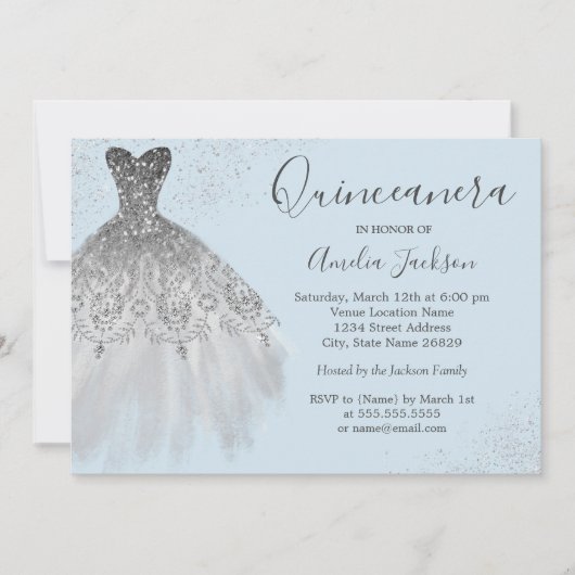 Elégante Gown Dusty Blue Quinceanera Invitation (Devant)