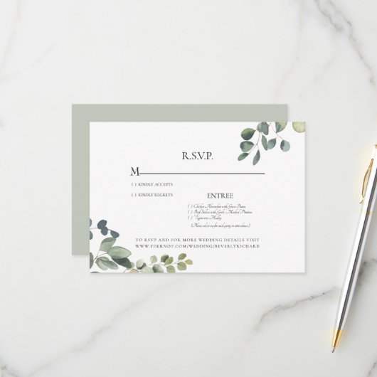 Elégante Grace Eucalyptus Sage Wedding Carte RSVP (Devant/Arrière en situation)