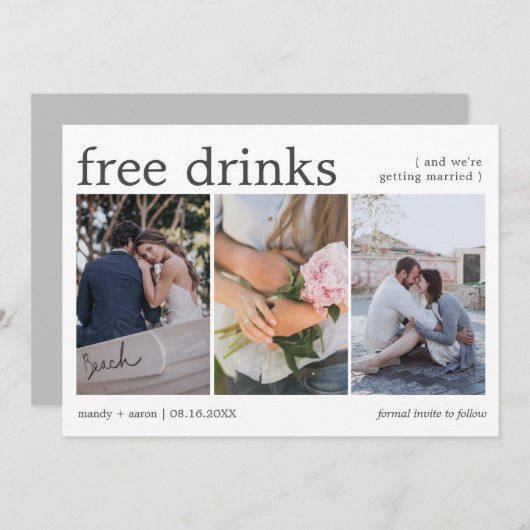 Elegante gratis Drinken drie foto bruiloft Save The Date (Voorkant / Achterkant)