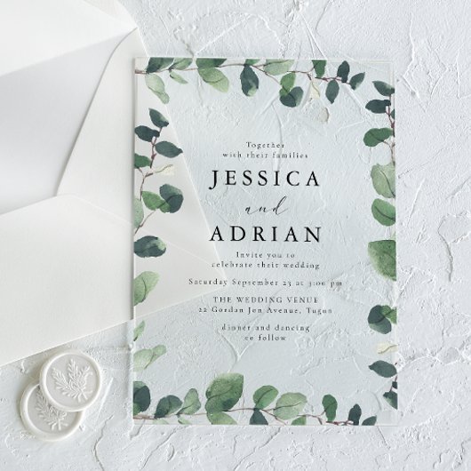 Elegante Green Leaf Border Moderne bruiloft Acryl Uitnodigingen
