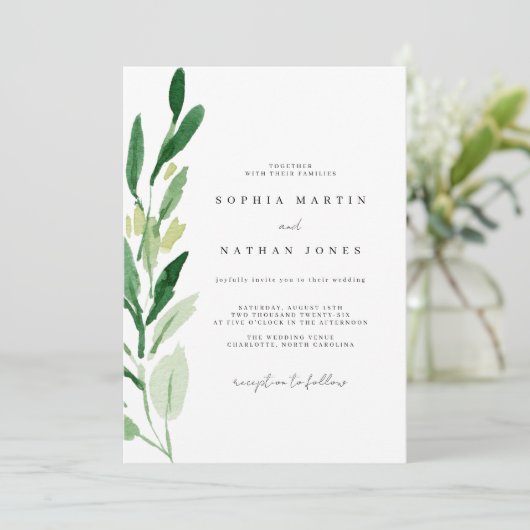Elegante Green Leaf Waterverf bruiloft Kaart (Staand voorkant)