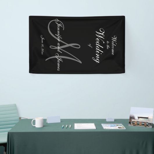 Elegante Grey M Initiaal en namen Trouwbanner Spandoek (Beurs)