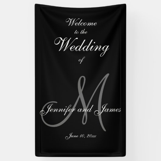 Elegante Grey M Initiaal en namen Trouwbanner Spandoek (Verticaal)