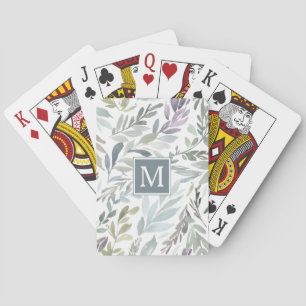 Elegante grijs lichtgroene bladeren aquarel pokerkaarten