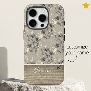 Elegante grijze bloem motief houtstructuur aangepa iPhone 16 pro hoesje