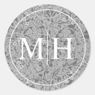 Elegante grijze bloemige monogram bruiloft ronde sticker