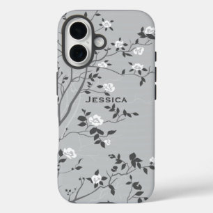 Elegante grijze boom bloesem kunst gepersonaliseer iPhone 16 hoesje