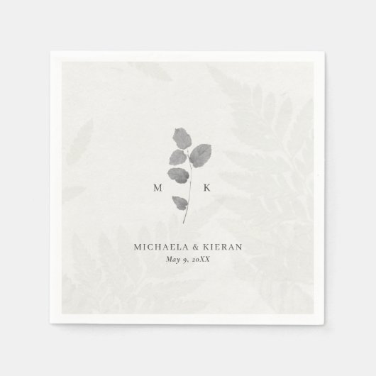 Elegante Grijze Botanische Monogram Huwelijk Servet (Voorkant)