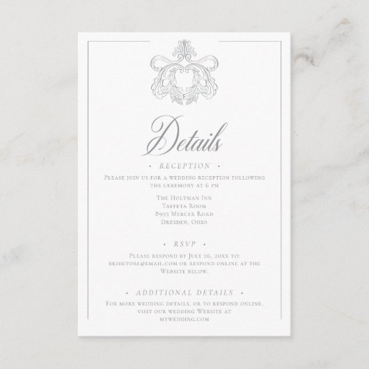 Elegante grijze Chinoiserie Bird Crest bruiloft de Informatiekaartje (Voorkant)