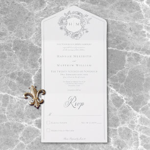 Elegante grijze Chinoiserie Bird Crest Wedding All In One Uitnodiging