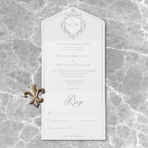 Elegante grijze Chinoiserie Bird Crest Wedding All In One Uitnodiging