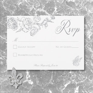 Elegante grijze chinoiserie vogel en familiewapen RSVP kaartje