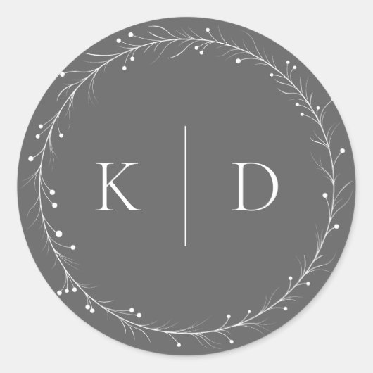 Elegante grijze en witte wijnrankenkrans monogram ronde sticker (Voorkant)