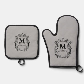 Elegante grijze monogram wapen ovenwant & pannenlap set