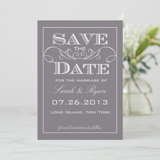 Elegante grijze save-the-date-aankondiging save the date (Staand voorkant)