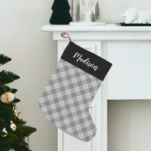 Elegante Grijze Schotse Ruit Persoonlijk Kleine Kerstsok