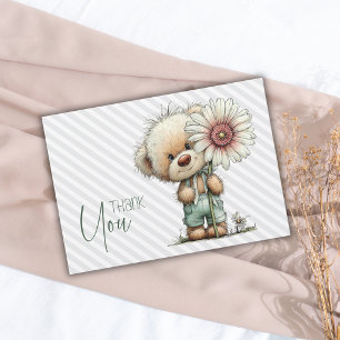 Elegante Grijze Strepen Teddy Daisy Jongens Babyfe Bedankkaart