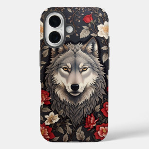 Elegante Grijze Wolf Bloemen iPhone 16 Hoesje