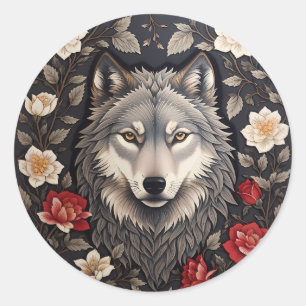 Elegante Grijze Wolf Bloemen Ronde Sticker