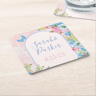 Elegante grillige lente bloemen bruiloft vierkante kartonnen onderzetter