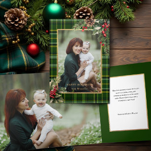 Elegante groen/goud geplakte Holly kerstfoto Drieluik Kaart