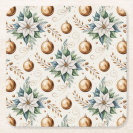 Elegante Groen Goud Wit Kerst Poinsettia Vierkante Kartonnen Onderzetter