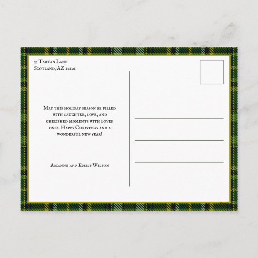 Elegante groen/gouden geruite hulst kerstfoto feestdagenkaart (Achterkant)