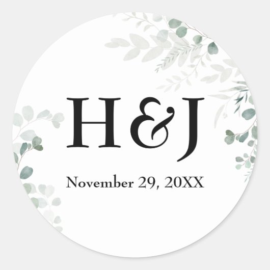 Elegante groen monogrammen en datum ronde sticker (Voorkant)
