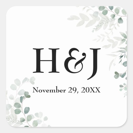 Elegante groen monogrammen en datum vierkante sticker (Voorkant)