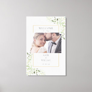 Elegante Groene Beplanting Foto Bruiloft Welkom Canvas Afdruk
