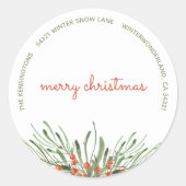 Elegante groene bessen Vrolijk Kerstfeest Ronde Sticker (Voorkant)