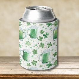 Elegante groene bierpullen en witte klavertjes blikjeskoeler