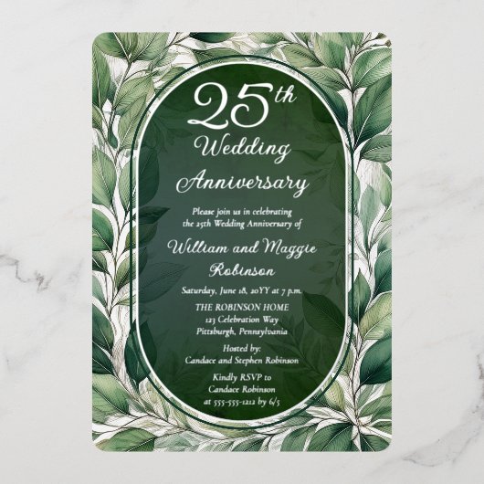 Elegante groene bladeren 25e bruiloft Jubileum Folie Uitnodiging (Voorkant)