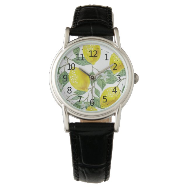 Elegante groene bladeren & gele citroenen dameshor horloge (Voorkant)