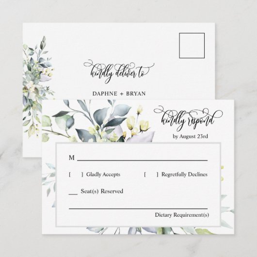 Elegante Groene Bladeren Reactie met Adres Achterz RSVP Kaartje (Voorkant / Achterkant)