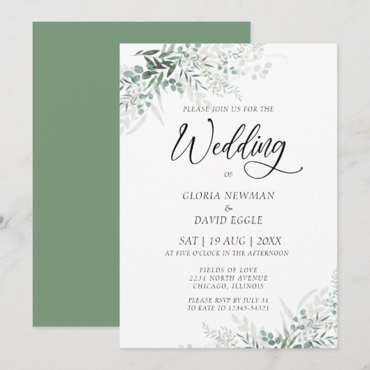 Elegante groene bladervulling trouwuitnodiging kaart (Voorkant / Achterkant)